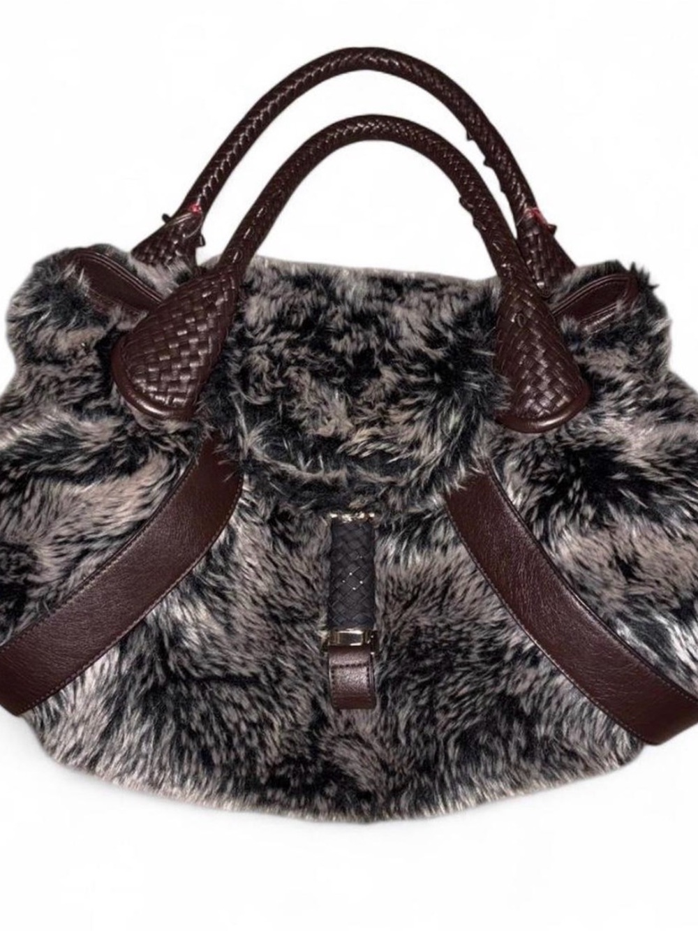 Plush Faux Fur Shoulder Bag with Brown Leather Accents